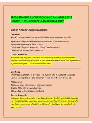 Preview of SPED 5320 QUIZ 2 | QUESTIONS AND ANSWERS | 2026  UPDATE | 100% CORRECT - LAMAR UNIVERSITY.