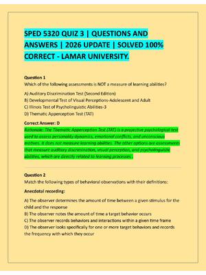Preview of SPED 5320 QUIZ 3 | QUESTIONS AND  ANSWERS | 2026 UPDATE | SOLVED 100%  CORRECT - LAMAR UNI