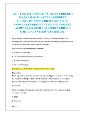 Preview of WGU C180 INTRODUCTION TO PSYCHOLOGY  OA EXAM