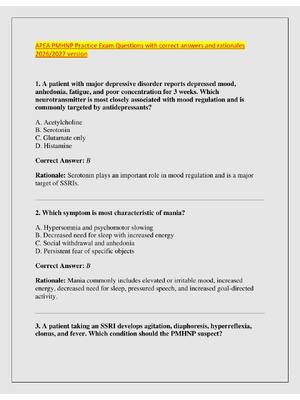 Preview of APEA PMHNP Practice Exam Questions with correct answers and rationales  2026/2027 version