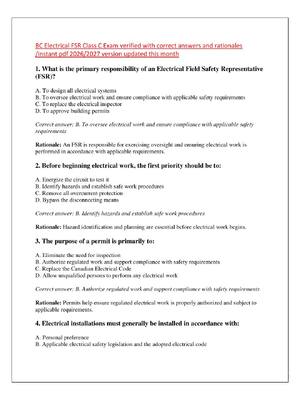 Preview image for BC Electrical FSR Class C Exam verified with correct answers and rationales  /instant pdf 2026/2027 version updated this month