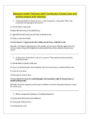 Preview image for Behavioral Health Technician (BHT) Certification Practice Exam with  verified answers with rationales