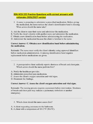 Preview image for BSN HESI 225 Practice Questions with correct answers with  rationales 2026/2027 version