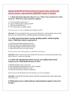 Preview image for Mental Health RN ATI Proctored Exam Practice Exam verified with  correct answers  and rationales 2026/2027 version A+ Graded