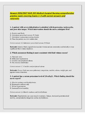 Preview image for Newest 2026/2027 NUR 265 Medical-Surgical Nursing comprehensive  practice exam covering Exams 1–3 with correct answers and  rationales