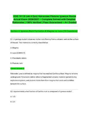 Preview of ESS 101 B Lab 4 Quiz Volcanoes Plutons Igneous Rocks Actual Exam 2026/2027 – Complete Solv