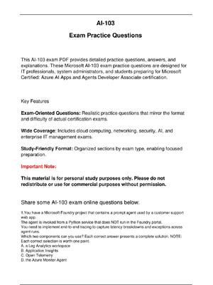 Preview image for AI 103 Microsoft Exam Practice Questions for Microsoft  Certified: Azure AI Apps and Agents Developer Associate certification.