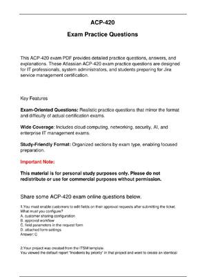 Preview of ACP 420 Exam Practice Questions Jira  service management certification.