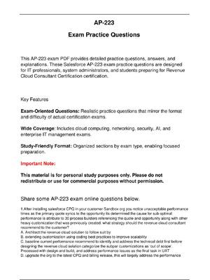 Preview image for AP 223 Salesforce Exam Practice Questions for Revenue  Cloud Consultant Certification certification.