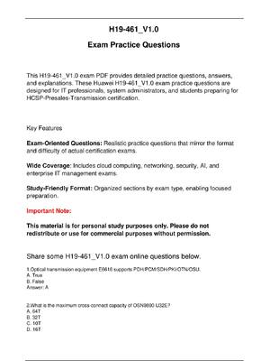 Preview image for H19 461 V1.0 Huawei Exam Practice Questions for  HCSP-Presales-Transmission certification.