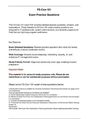 Preview image for FS-Con-101 Salesforce Exam Practice Questions for Field Service Lightning program certification.