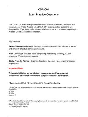 Preview of CSA C01 Exam Practice Questions for  Alibaba Cloud Associate certification.
