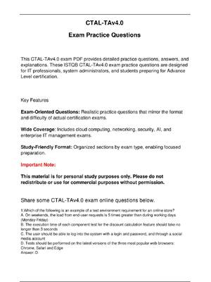 Preview of CTAL-TAv4.0 ISTQB Exam Practice Questions  for Advance  Level certification.