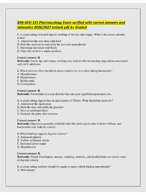 Preview of BSN HESI 315 Pharmacology Exam verified with correct answers and  rationales 2026/2027 ins