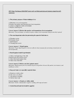 Preview of CNT Clean Technique 2026/2027 exam with verified questions and answers together with  rati