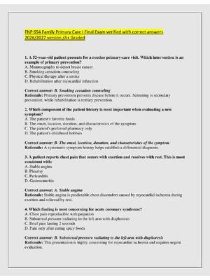 Preview of FNP 654 Family Primary Care I Final Exam verified with correct answers  2026/2027 version