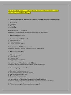 Preview of Latest NSG 3100 Exam 1 — 100 Practice Questions with correct answers and  rationales /inst