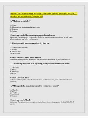 Preview of Newest PCA Nematodes Practice Exam with correct answers 2026/2027  version with rationales