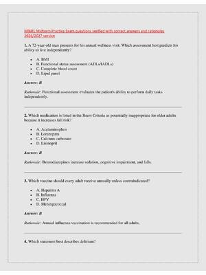 Preview of NR601 Midterm Practice Exam questions verified with correct answers and rationales  2026/2