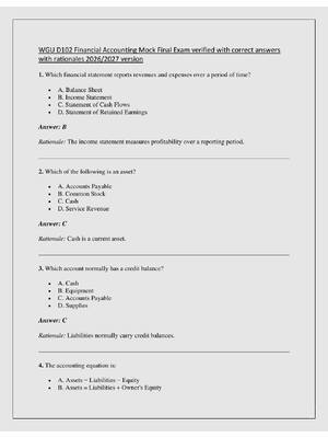 Preview of WGU D102 Financial Accounting Mock Final Exam verified with correct answers  with rational