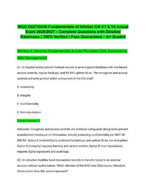 Preview of WGU D827/D430 Fundamentals of InfoSec OA V1 & V2 Actual Exam 2026/2027 – Complete Question