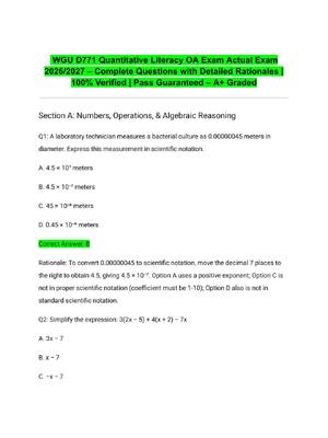 Preview of WGU D771 Quantitative Literacy OA Exam Actual Exam 2026/2027 – Complete Questions with Det