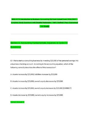Preview of WGU D774 Introduction to Business Accounting OA Exam Actual Exam 2026/2027 – Complete Stud