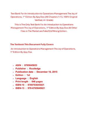 Preview of Test Bank For An Introduction to Operations Management The Joy of Operations, 1st Edition