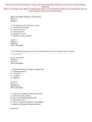 Preview of Test Bank Molecular Biology, Principles and Practice 2nd Edition By Michael Cox Jennifer D