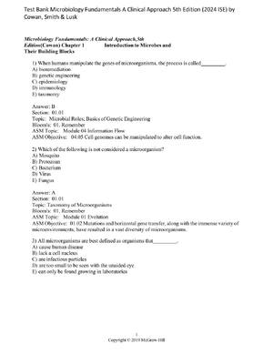 Preview image for Test Bank Microbiology Fundamentals A Clinical Approach 5th Edition (2024 ISE) by Cowan, Smith & Lusk Complete All chapters 1-22! ALREADY RATED A+ 100% CORRECT ANSWERS