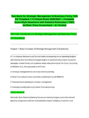 Preview of Test Bank for Strategic Management & Business Policy 16th Ed. Chapters 1-13 Actual Exam 20