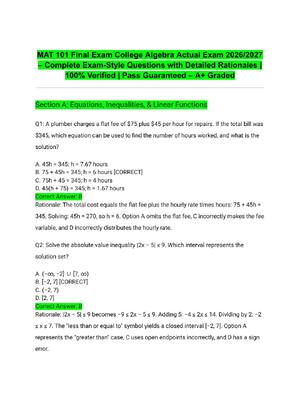 Preview of MAT 101 Final Exam College Algebra Actual Exam 2026/2027 – Complete Exam-Style Questions w