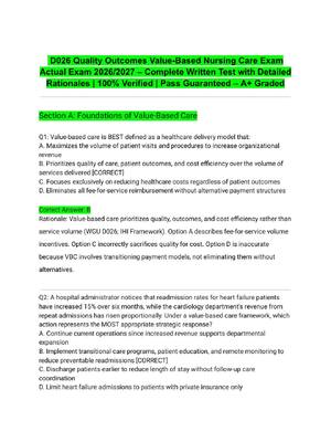 Preview of D026 Quality Outcomes Value-Based Nursing Care Exam Actual Exam 2026/2027 – Complete Writt