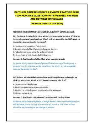 Preview of EXIT HESI COMPREHENSIVE B EVOLVE PRACTICE EXAM  1000 PRACTICE QUESTIONS WITH VERIFIED ANSW