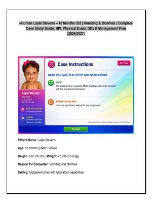 Preview image for i-Human Layla Stevens – 18 Months Old | Vomiting & Diarrhea | Complete  Case Study Guide, HPI, Physical Exam, DDx & Management Plan  (2026/2027)