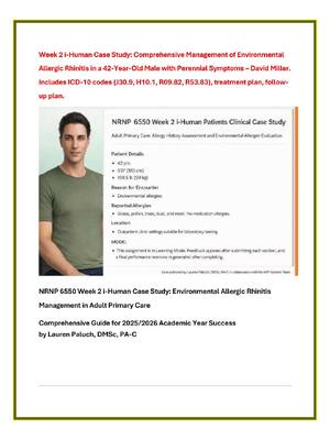 Preview image for Week 2 i-Human Case Study: Comprehensive Management of Environmental  Allergic Rhinitis in a 42-Year-Old Male with Perennial Symptoms – David Miller.  Includes ICD-10 codes (J30.9, H10.1, R09.82, R53.83), treatment plan, follow up plan.