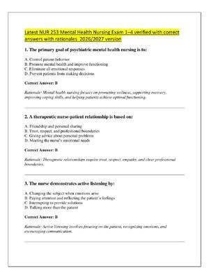 Preview image for Latest NUR 253 Mental Health Nursing Exam 1–4 verified with correct  answers with rationales  2026/2027 version