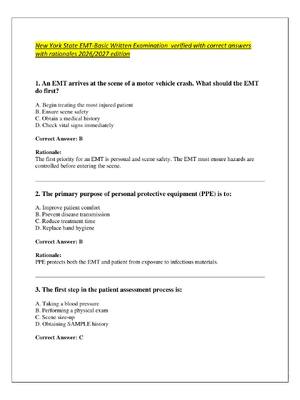 Preview of New York State EMT-Basic Written Examination  verified with correct answers  with rational