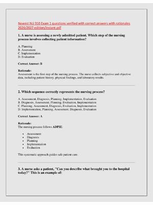 Preview of Newest NU 310 Exam 1 questions verified with correct answers with rationales  2026/2027 ed