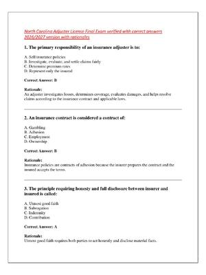 Preview of North Carolina Adjuster License Final Exam verified with correct answers  2026/2027 versio