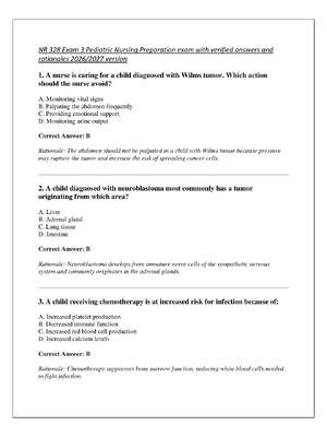 Preview of NR 328 Exam 3 Pediatric Nursing Preparation exam with verified answers and  rationales 202