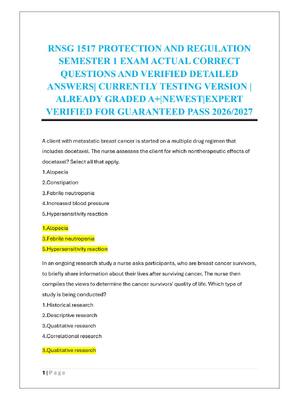 Preview of RNSG 1517 PROTECTION AND REGULATION  SEMESTER 1 EXAM