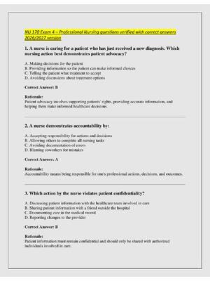 Preview image for NU 170 Exam 4 – Professional Nursing questions verified with correct answers  2026/2027 version