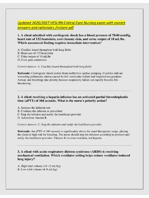 Preview of Updated 2026/2027 HESI RN Critical Care Nursing exam with correct  answers and rationales