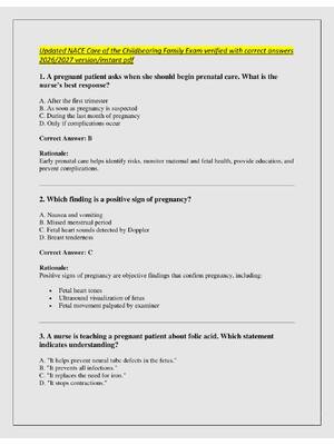 Preview of Updated NACE Care of the Childbearing Family Exam verified with correct answers  2026/2027