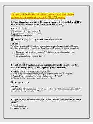 Preview of NUR 265 Medical-Surgical Nursing Exam 3 with correct  answers and rationales /instant pdf