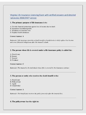 Preview of Virginia Life Insurance Licensing Exam with verified answers and detailed  rationales 2026