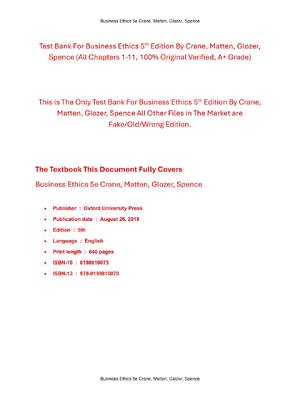 Preview of Test Bank For Business Ethics 5th Edition By Crane, Matten, Glozer, Spence