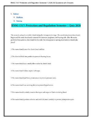Preview image for RNSG 1517 Protection and Regulation Semester 1 2026 200 Questions with Answers! 100% CORRECT ANSWERS ALREADY RATED A+