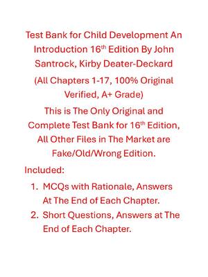 Preview of Test Bank For Child Development An Introduction 16th Edition By John Santrock, Kirby Deate